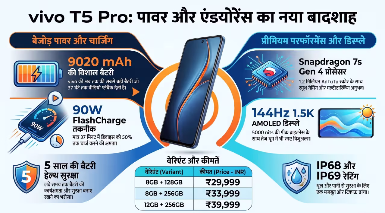 Vivo T5 Pro लॉन्च: 9020 mAh Battery के साथ अब Charging की चिंता खत्म